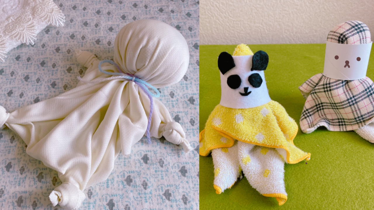１枚の布で作って遊べる人形、パペット -縫わずに簡単！ママの手づくり布おもちゃ#３